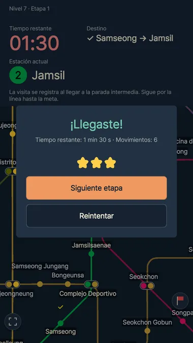 Pantalla que muestra el paso a la siguiente etapa tras llegar al destino