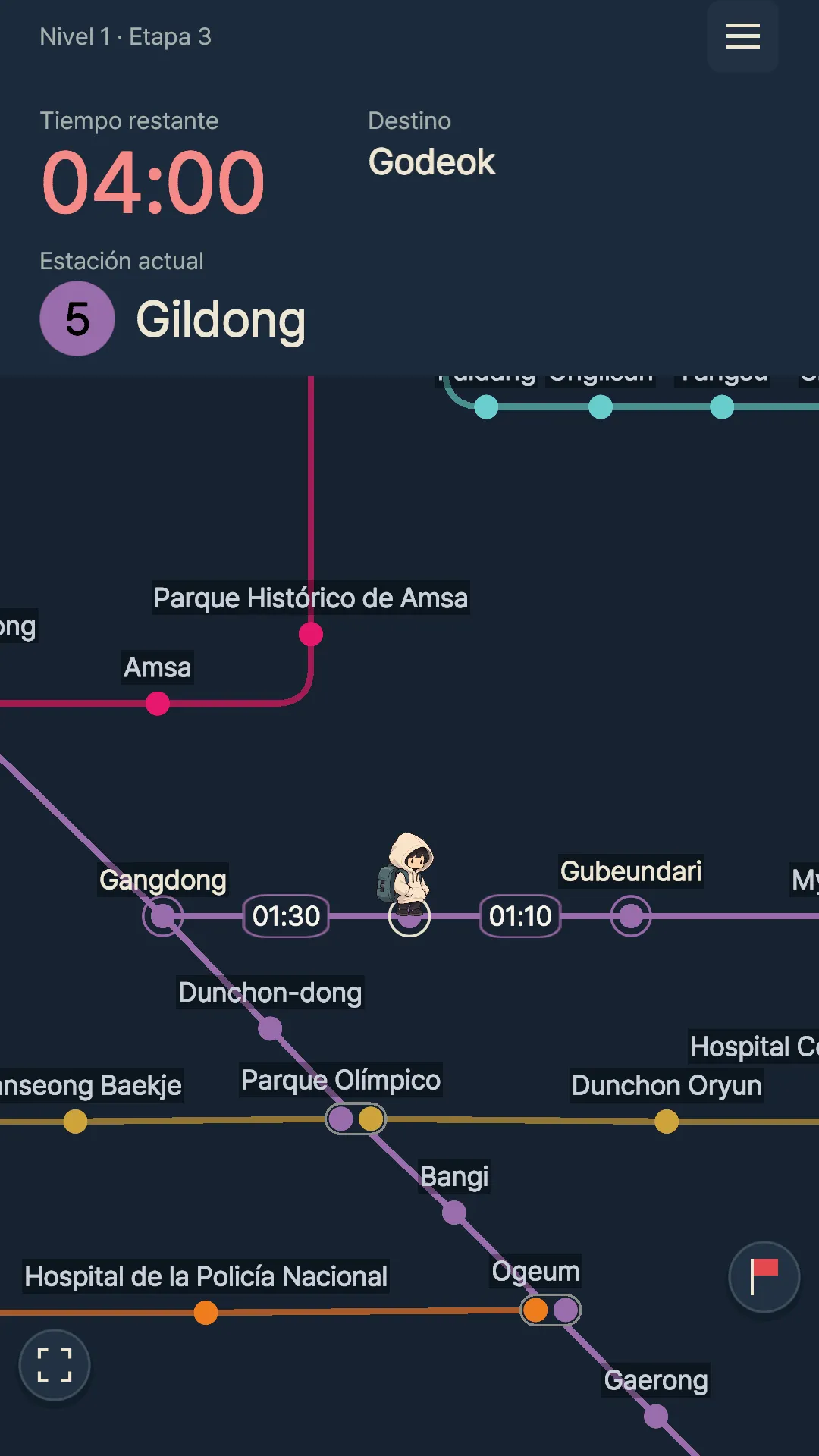 Pantalla que muestra las estaciones conectadas con Gildong y los tiempos de viaje