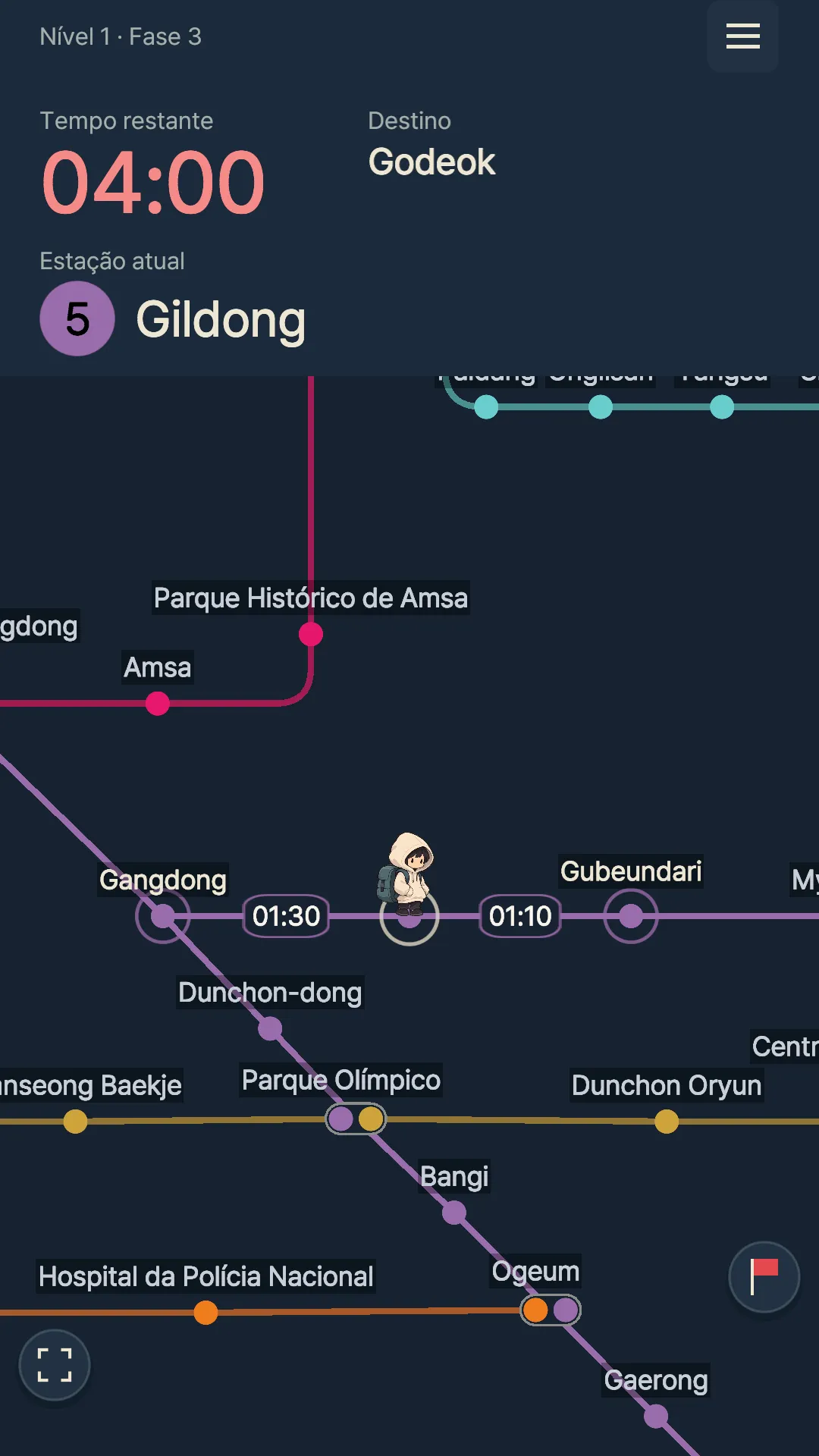 Tela que mostra as estações conectadas a Gildong e os tempos de viagem