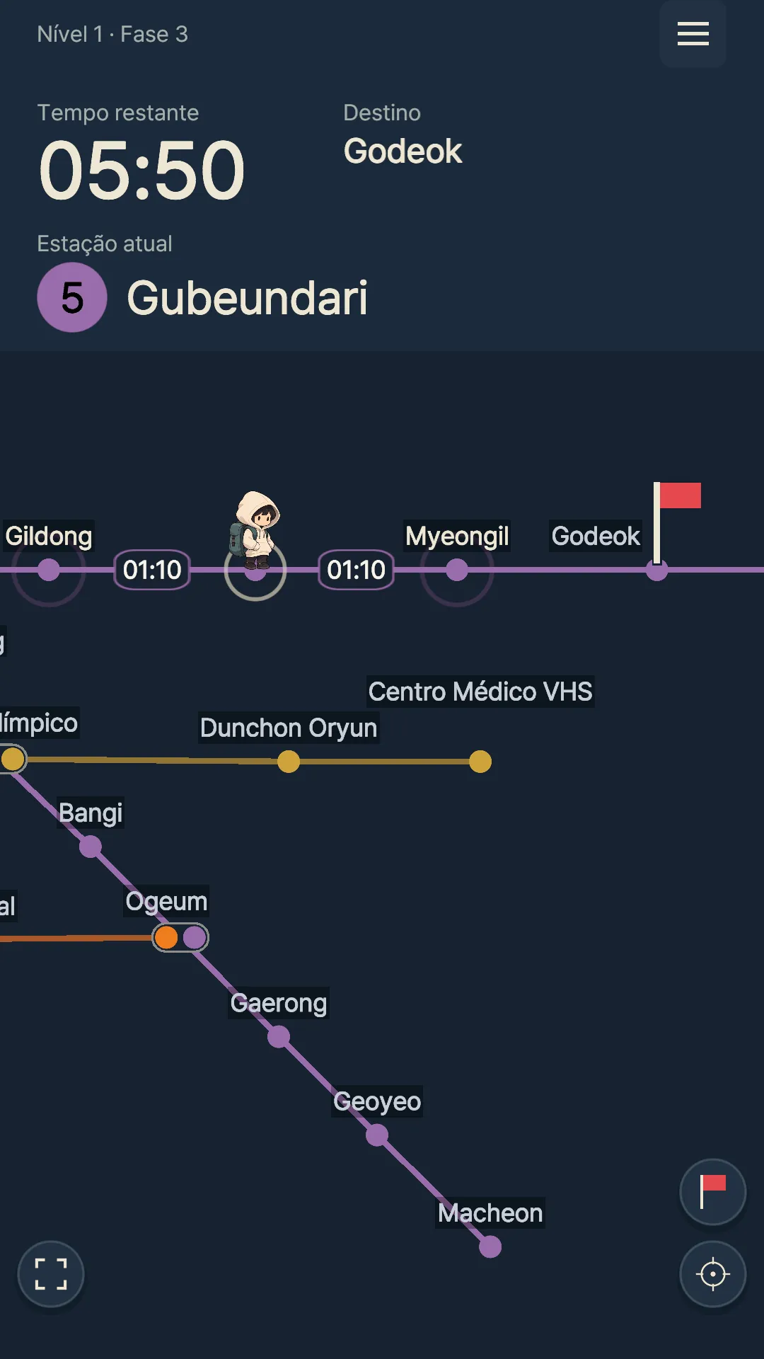 Tela com o caminho de Gubeundari a Godeok e 5 min e 50 s restantes