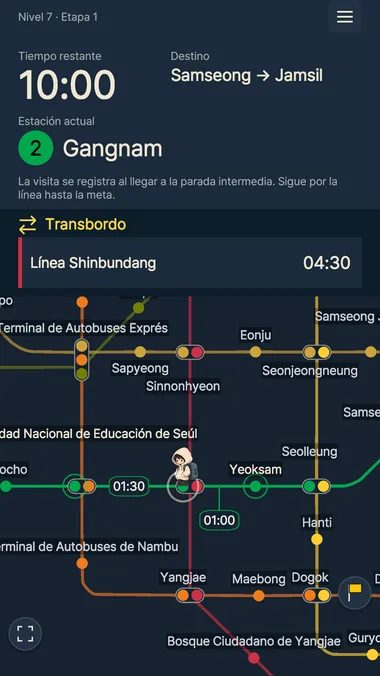 Pantalla de «¡Antes del último tren!» en la que se comparan los tiempos de viaje y transbordo para elegir una ruta