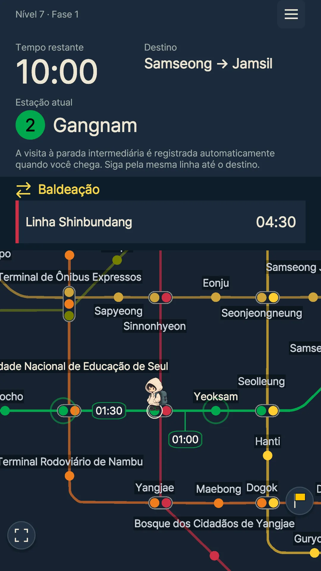 Tela em Gangnam que compara uma viagem de 1 min com uma baldeação de 4 min e 30 s